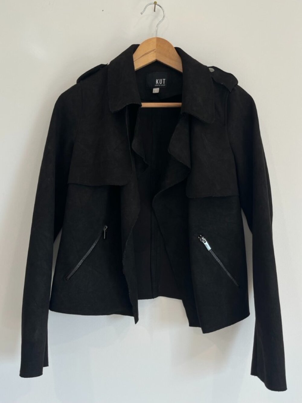 KUT from the Kloth Black Faux Suede Open Front Drape Moto Jacket Small